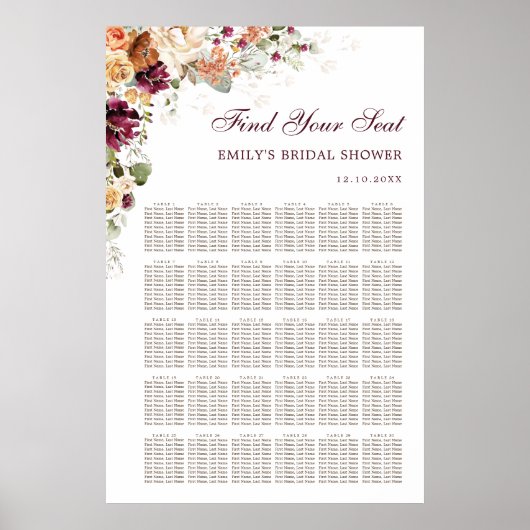 Boho Wildblume Backyard Wedding Chart Poster (Vorne)