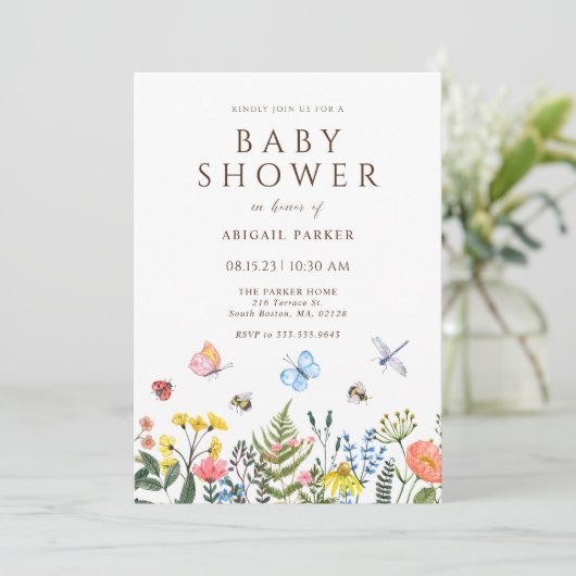 Boho Wildblume Bee Baby Dusche Einladung (Stehend Vorderseite)