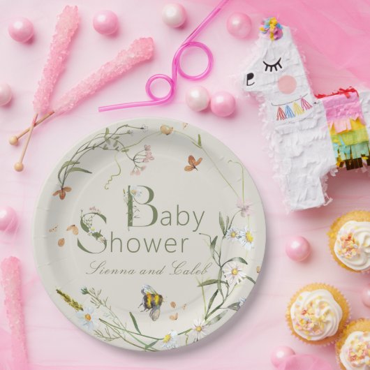 Boho Wildblume Bee Beige Babydusche Pappteller (Party)