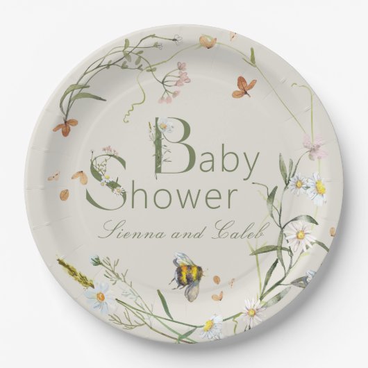 Boho Wildblume Bee Beige Babydusche Pappteller (Vorderseite)