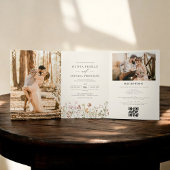 Boho Wildblume Beige All in One QR Code Wedding Dreifach Gefaltete Einladung