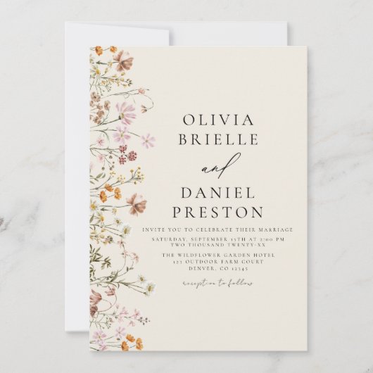 Boho Wildblume Beige All in One QR Code Wedding Einladung