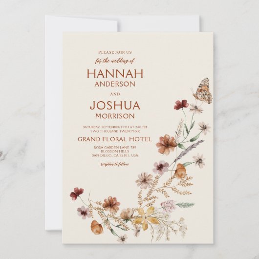 Boho Wildblume Beige All in One QR Code Wedding Einladung (Vorderseite)