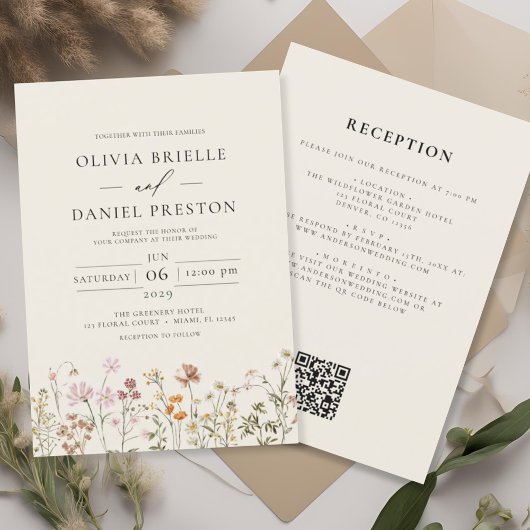 Boho Wildblume Beige All in One QR Code Wedding Einladung