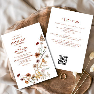 Boho Wildblume Beige All in One QR Code Wedding Einladung