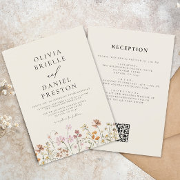 Boho Wildblume Beige All in One QR Code Wedding Einladung
