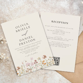 Boho Wildblume Beige All in One QR Code Wedding Einladung