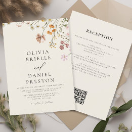 Boho Wildblume Beige All in One QR Code Wedding Einladung
