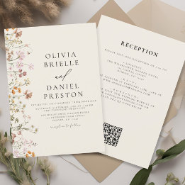 Boho Wildblume Beige All in One QR Code Wedding Einladung