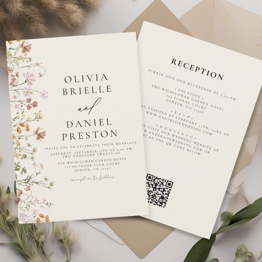 Boho Wildblume Beige All in One QR Code Wedding Einladung
