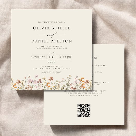 Boho Wildblume Beige All in One QR Code Wedding Einladung