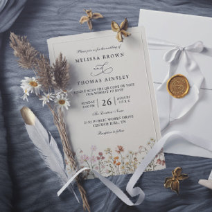 Boho Wildblume Beige Elegante QR-Code-Hochzeit Einladung