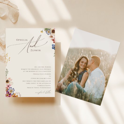 Boho Wildblume | Beige Foto Traditionelle Hochzeit Einladung