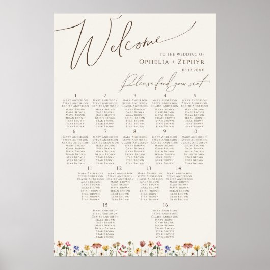 Boho Wildblume | Beige Tischnummer Sitzkarte Poster (Vorne)