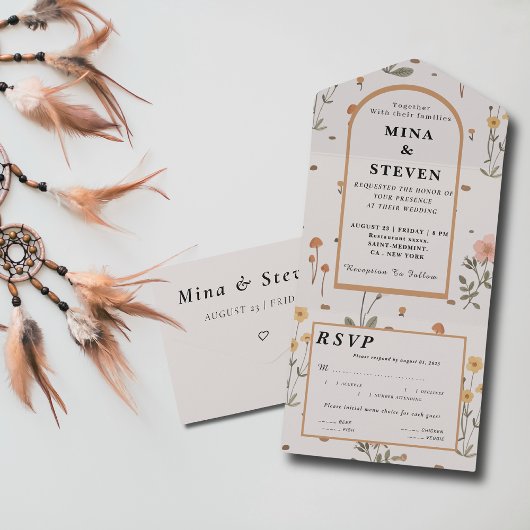 Boho Wildblume beige Wedding All In One Einladung