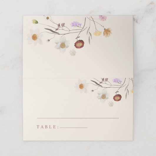 Boho Wildblume Beige Wedding Platzkarten (Außenseite Aufgefaltet)