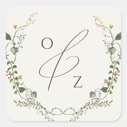 Boho Wildblume BeigeMonogram Wreath Umschlag Aufkl Quadratischer Aufkleber (Vorderseite)