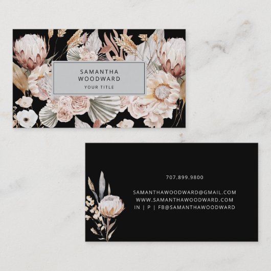Boho Wildblume Beruflich Black Visitenkarte (Vorne/Hinten)