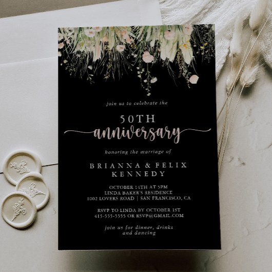 Boho Wildblume Black 50. Hochzeitstag Einladung