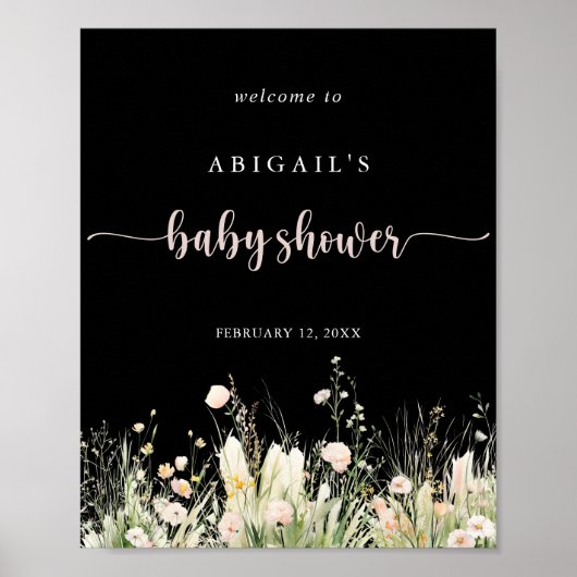 Boho Wildblume Black Baby Dusche Willkommen Poster (Vorne)