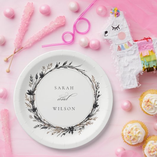 Boho Wildblume Black Brown Fall Wreath Wedding Pappteller (Party)