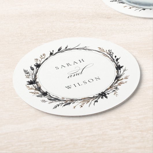 Boho Wildblume Black Brown Fall Wreath Wedding Runder Pappuntersetzer (Angewinkelt)