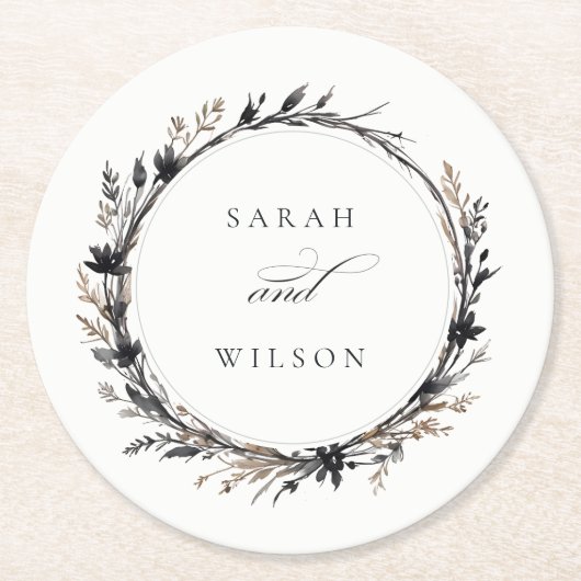 Boho Wildblume Black Brown Fall Wreath Wedding Runder Pappuntersetzer (Vorderseite)