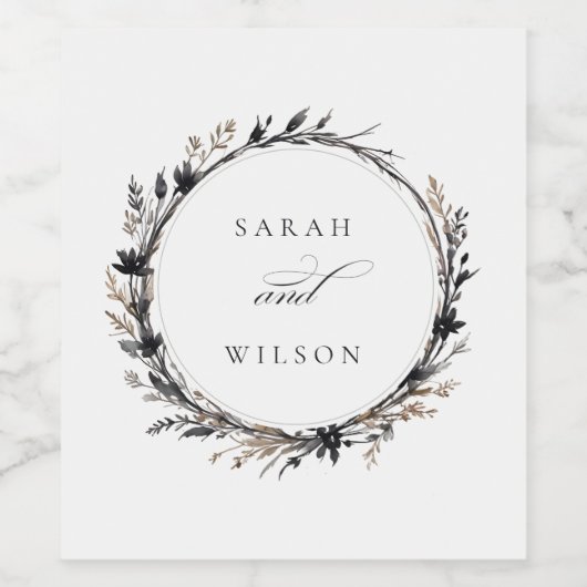 Boho Wildblume Black Brown Fall Wreath Wedding Weinetikett (Einzelnes Label)