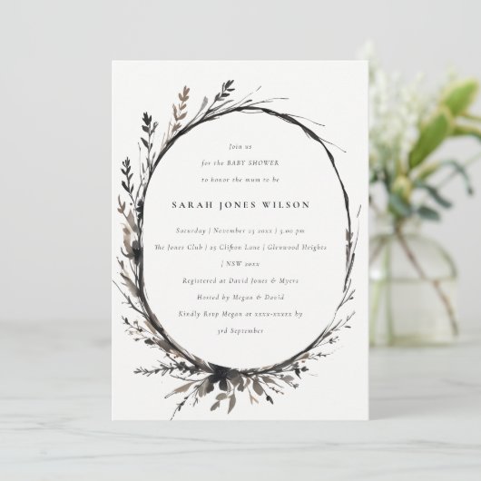 Boho Wildblume Black Fall Wreath Babydusche Einladung (Stehend Vorderseite)