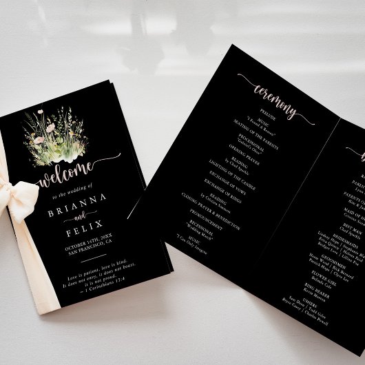Boho Wildblume Black Folded Wedding Programm