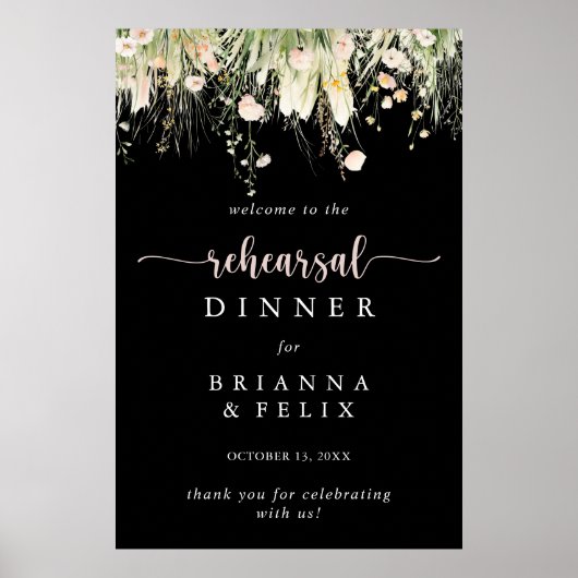 Boho Wildblume Black Probe Dinner Willkommen Poster (Vorne)