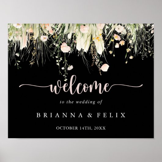 Boho Wildblume Black Wedding Begrüßungszeichen Poster (Vorne)