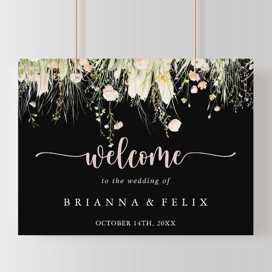 Boho Wildblume Black Wedding Begrüßungszeichen Poster