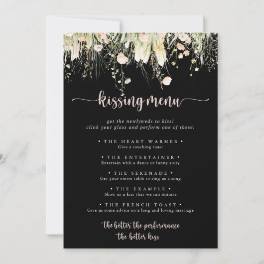 Boho Wildblume Black Wedding Kissing Menu Game (Vorderseite)