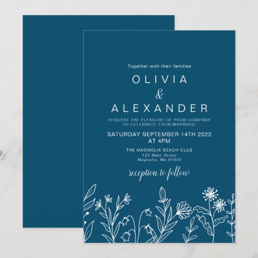 Boho Wildblume Blue Hochzeit Einladung (Vorne/Hinten)