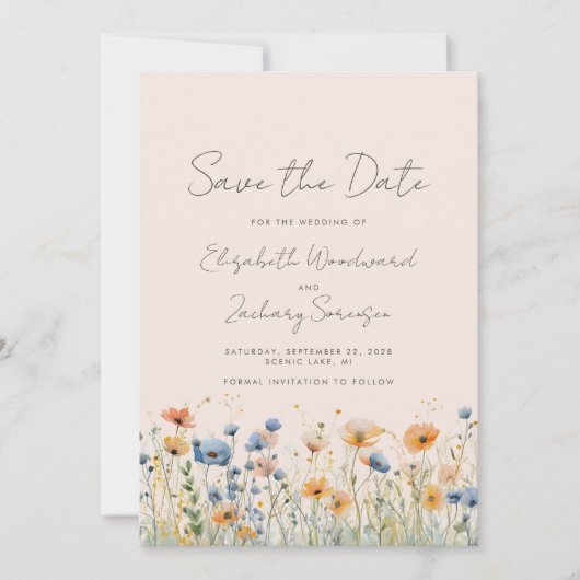 Boho Wildblume Border Orange Blue Blush Wedding Save The Date (Vorderseite)