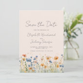 Boho Wildblume Border Orange Blue Blush Wedding Save The Date (Stehend Vorderseite)