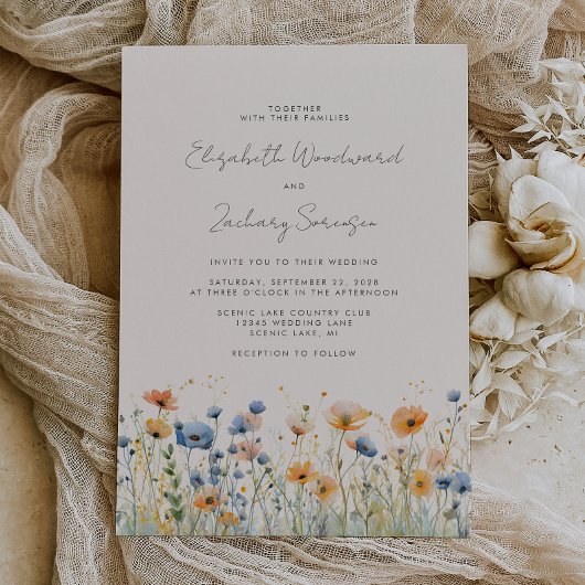 Boho Wildblume Border Orange Blue Wedding Einladung