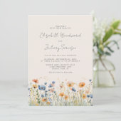 Boho Wildblume Border Orange Blue Wedding Einladung (Stehend Vorderseite)