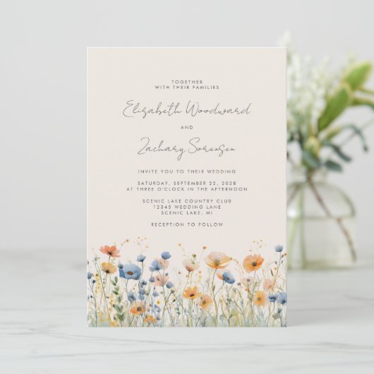 Boho Wildblume Border Orange Blue Wedding Einladung (Stehend Vorderseite)