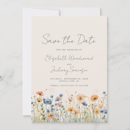 Boho Wildblume Border Orange Blue Wedding Save The Date (Vorderseite)