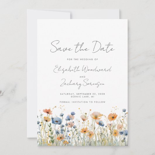 Boho Wildblume Border Orange Blue Wedding Save The Date (Vorderseite)