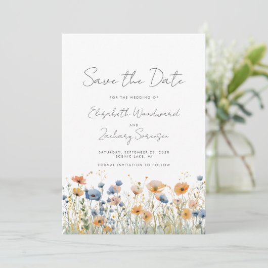 Boho Wildblume Border Orange Blue Wedding Save The Date (Stehend Vorderseite)