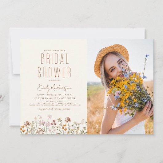Boho Wildblume Brautparty Foto Einladung (Vorderseite)