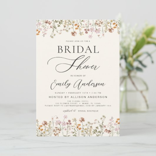 Boho Wildblume Brautparty Script Einladung (Stehend Vorderseite)