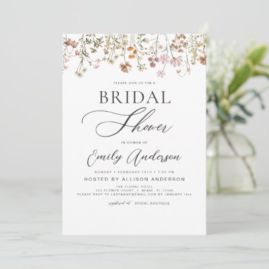 Boho Wildblume Brautparty Script Einladung (Stehend Vorderseite)