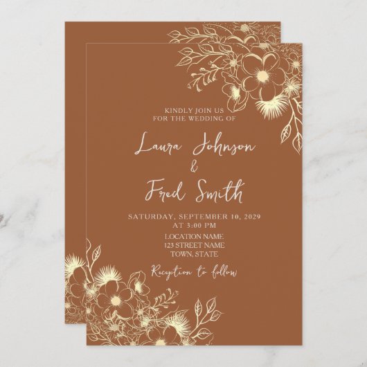 Boho Wildblume Burnt Orange Wedding Einladung (Vorne/Hinten)
