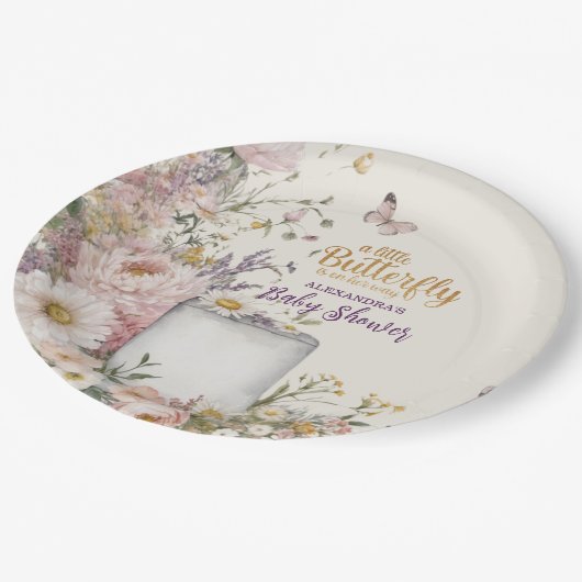 Boho Wildblume Butterflies Babydusche Pappteller (Schrägansicht)