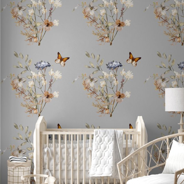Boho Wildblume Butterfly Floral Tapete (Boho Wildflower Floral Butterfly Nursery Wallpaper, Nursery Decor for Baby Girl, Grey Background )