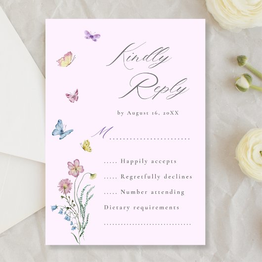 Boho Wildblume Butterfly Wedding Lila RSVP Card Karte